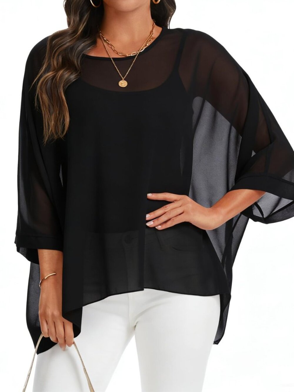 Women Chiffon Poncho Tops Batwing Sleeve Beach Cover Ups Summer Blouses